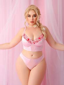 2 pezzi Completo di lingerie moda taglie comode con patchwork a cuori in pizzo per donna