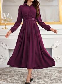 Modelyn Simple Button Front Belted Collar Long Sleeve Modest Dress Long Evening Dresses Fall Cloth For Women - Purple - View 9