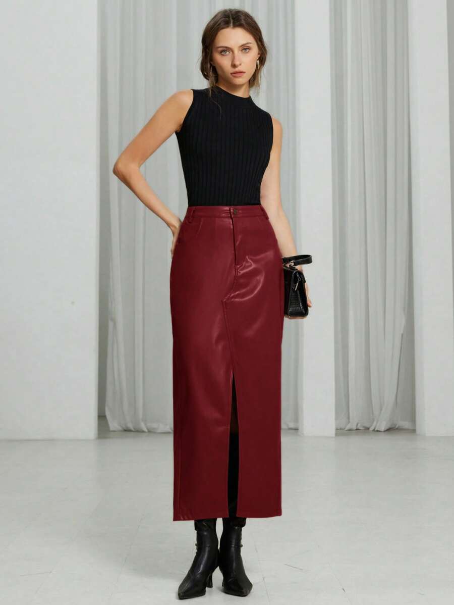 Aveloria Modichic 女士 PU 皮革中长裙，纯色开叉 A 字裙，简约时尚 - 紅色 - 查看 1