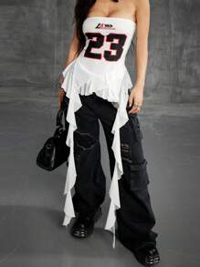 Coolane Minifaldas con volantes para niñas preadolescentes, con gráficos de contraste de encaje y estilo deportivo Y2K - Blanco - Ver 3