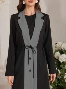 Al Najma Women's Color Block Lapel Cinched Waist Open Abaya Robe - Black - View 3