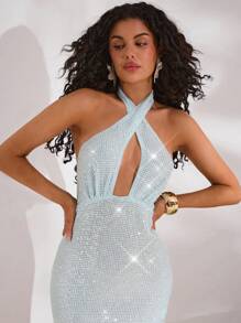 Opulessa 女士纯色亮片镂空交叉领修身连衣裙、女士度假装、度假背心裙、海滩度假装、热带度假女装、女士夏装、背心裙、露背连衣裙、连衣裙、优雅连衣裙、女士优雅连衣裙