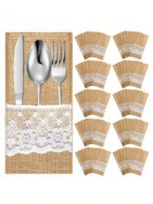 SHEIN 11*22Cm 亚麻蕾丝餐具架餐具袋，银器架刀叉袋亚麻餐巾袋，适用于婚礼派对、生日派对、家庭聚会、餐厅装饰礼物 5件/10件/20件/30件可选 - 彩色 - 查看 2