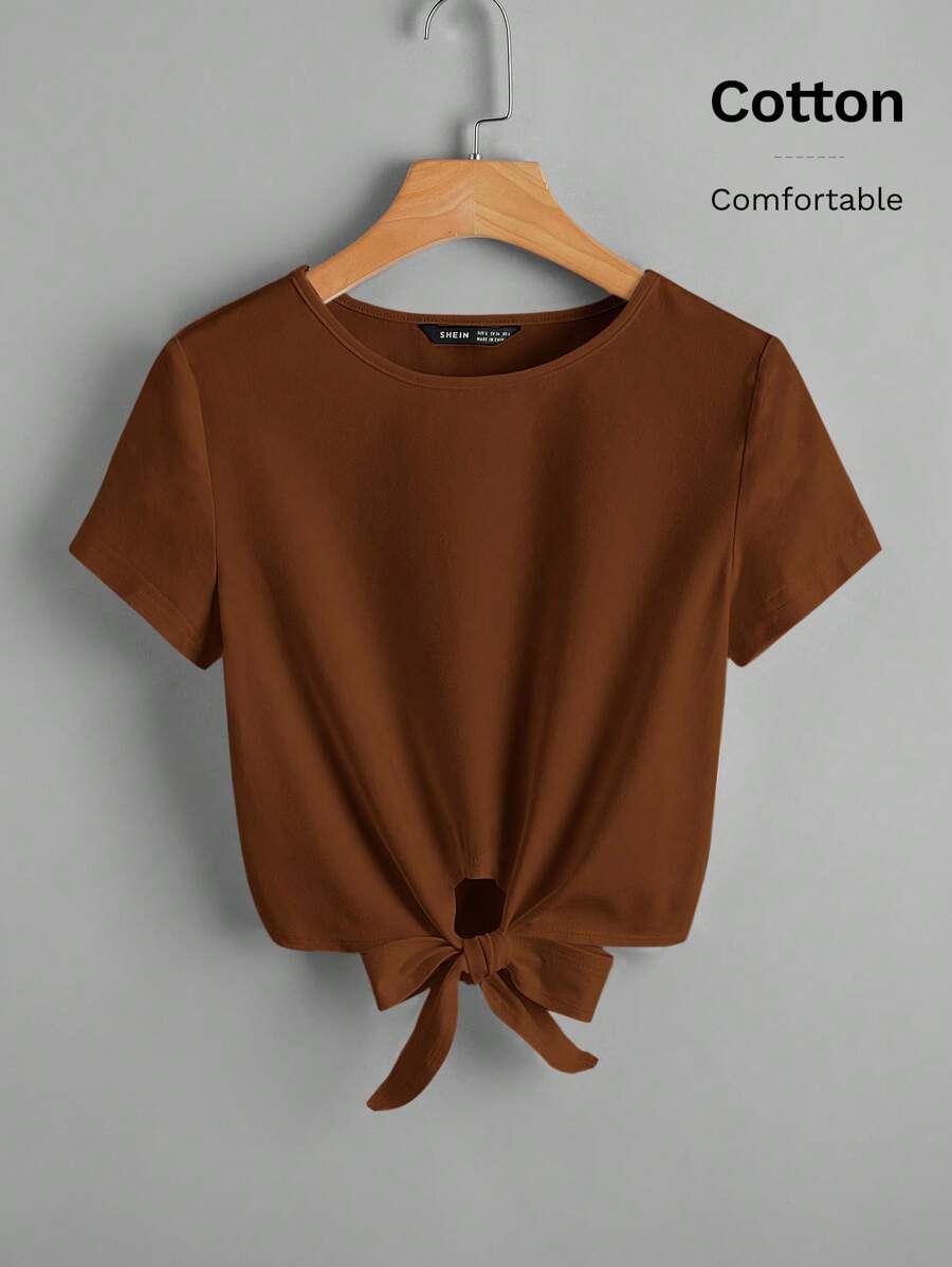 SHEIN LUNE Solid Knot Hem Tee - Coffee Brown - View 1
