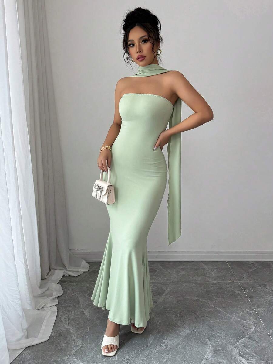 Elenzga Romantic & Elegant Scarf Collar Mermaid Dress - Green - View 1