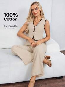 SHEIN LUNE Damska kamizelka jednorzędowa z dekoltem w serek i spodnie, swobodny 2-częściowy zestaw, biznesowy, swobodny