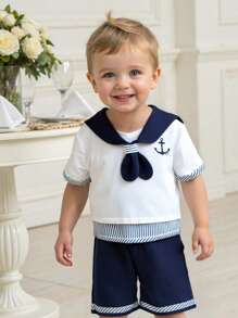 2pcs/Set Baby Boy Colorblock Sailor Collar Short Sleeve Top And Elastic Waist Shorts Set