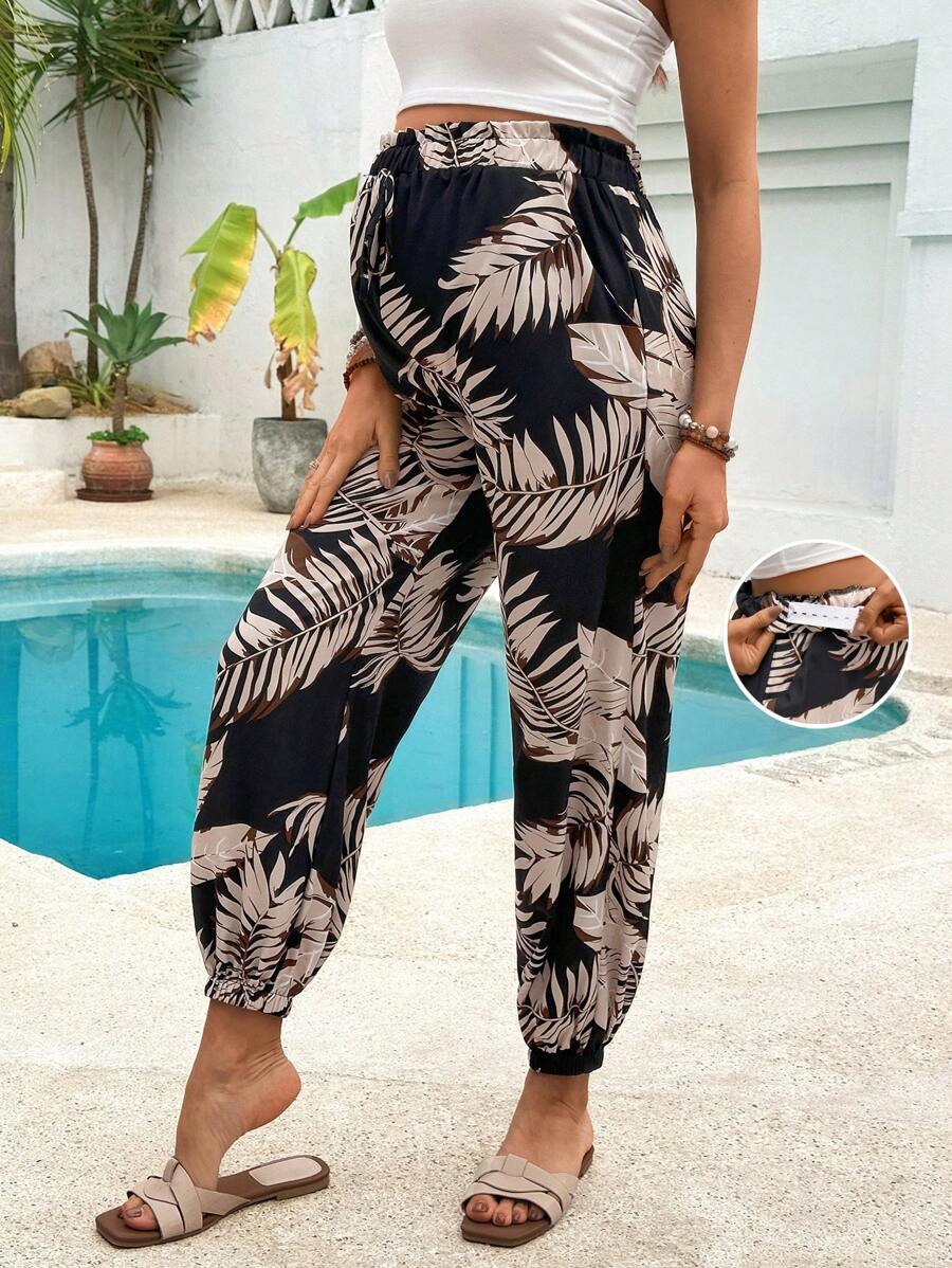 SHEIN Calça Confortável de Maternidade Cintura Papel Saco com Estampa Tropical - Preto - Visão 1