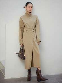 DAZY Khaki,Autumn,Elegant,Office Oversized Minimalist Asymmetrical Design Cinched Waist Shirt Dress With High Slit,Mid-Length Business Casual Work Clothes - Khaki - View 9