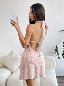 Muchica Short A-Line Sleeveless Backless Texture Mini Dress, White, Spring/Summer - Pink - View 1