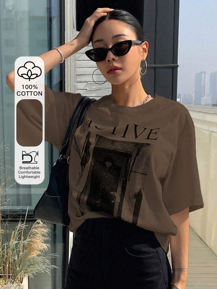 Women's Loose Fit Short Sleeve T-Shirt With Letter Print Round Neckline ACTIVE Summer,Graphic Tees
