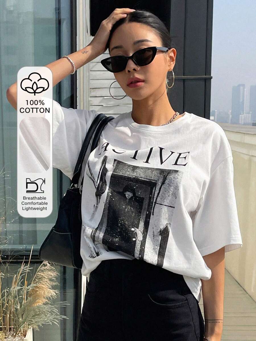 DAZY Áo thun hở vai họa tiết hình và chữ cỡ lớn thời trang Preppy - trắng - Xem 1