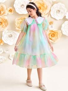 SHEIN Leap Crew 青少年女孩宽松可爱翻领渐变色欧根纱短袖 A 字形连衣裙 - 彩色 - 查看 4