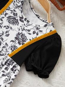 Baby Girls Black Floral Print Pattern Short Sleeve A-Line Midi Dress, Comfortable - Black - View 3
