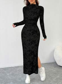 SHEIN EZwear 黑色植绒网眼女士长款紧身连衣裙 - 黑色 - 查看 3