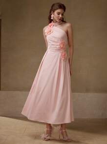MOTF 3D FLOWER ASYMMETRICAL NECK MID-LENGTH DRESS - Pink - View 1