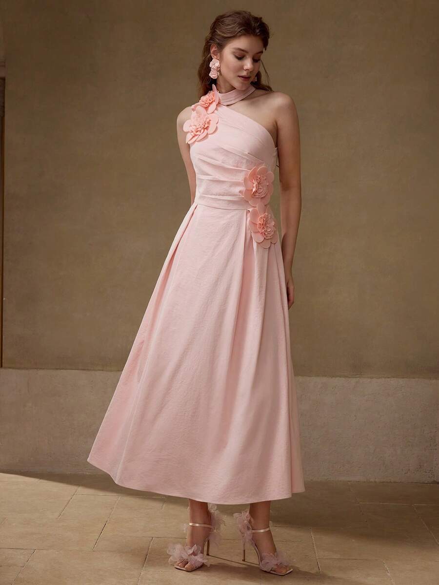 MOTF 3D FLOWER ASYMMETRICAL NECK MID-LENGTH DRESS - Pink - View 1