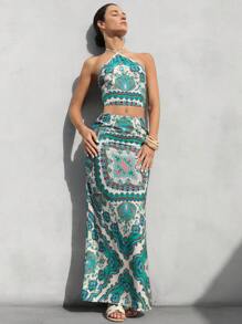 Aveloria Modichic Conjunto de top corto acanalado y falda recta de cintura alta extra larga, diseño distintivo y de moda impreso, ideal para vacaciones