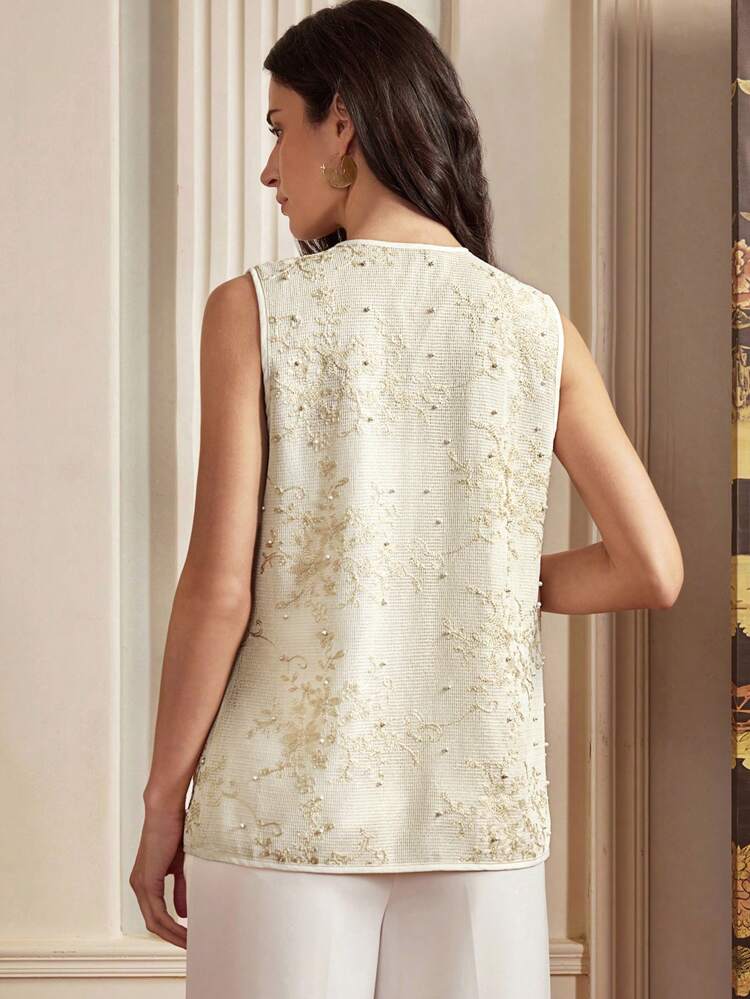 Anewsta Elaire Pearl & Crystal Embellished Sleeveless Faux Pocket Elegant Textured Fabric Women Jacket, Suitable For Festival, Going Out, Old Money Style, Spring/Summer