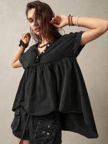 Bohemela Plus Size Casual Solid Color Patchwork Crew Neck Short Sleeve T-Shirt,Vintage - Black - View 1