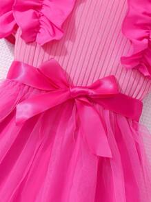 Glamorique Kids Young Girl Cap Sleeve Textured Mesh Round Neck Summer Princess Casual Dress With Belt Summer Holiday