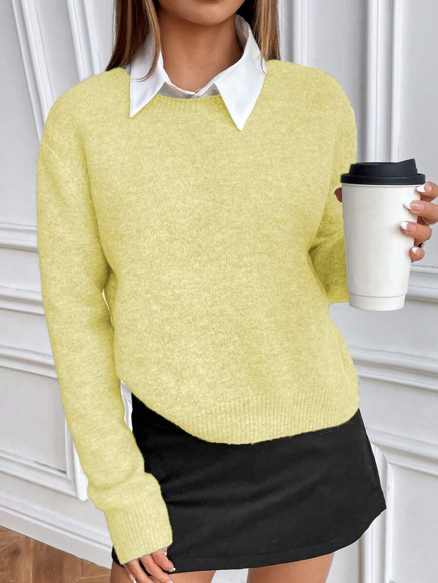 Lunelith SHEIN Lunessa Casual Style Solid Color Crew Neck Long Sleeve Knit Sweater Knit Pullover Fall Winter