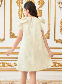 SHEIN Tween Girls' Loose Cute Casual Round Neck Bow Decor Elegant Laser Cut Jacquard Midi Dress