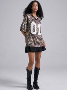 Easelle Summer Sport Women's Casual V-Neck Loose Fit Letter & Number Print Short Sleeve Knitted Mesh Jersey T-Shirt For Ball Games 2025 New Arrival