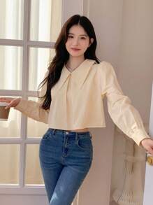 DAZY 女士阔腿短款百褶中式领长袖衬衫，秋季服装 - 黃色 - 查看 4