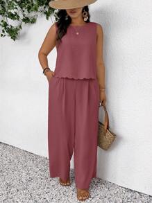 SHEIN Frenchy Plus Size Casual Holiday Textured Shell Trim Bowknot Waist Sleeveless Top And Pants Set - Redwood - View 6