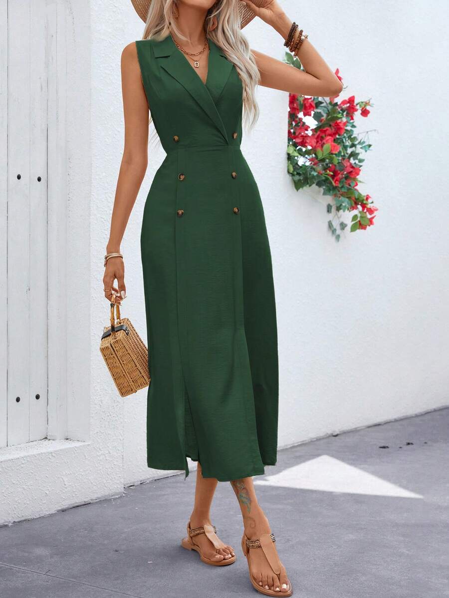 SHEIN Clasi 女士夏季纯色翻领双排扣长款无袖通勤连衣裙长款女装 - 墨綠色 - 查看 1