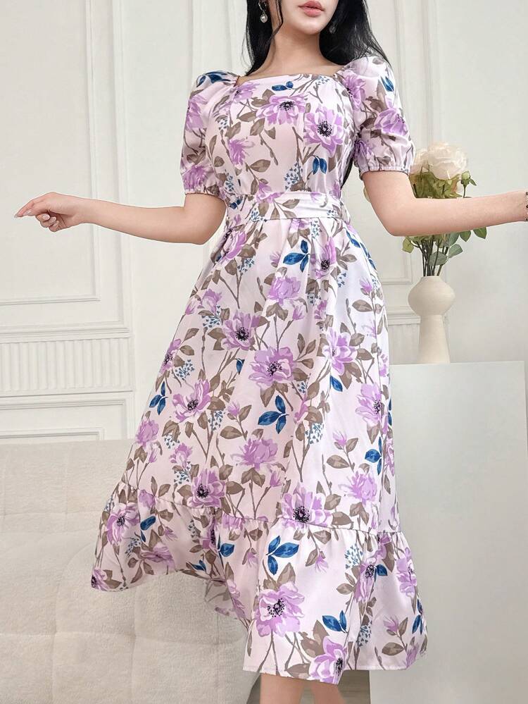 Ditsy Floral Shirred Tie-Waist Midi Dress For Women, Vacation/Resort Wear,Back To School Clothes,Teacher Outfits Easter