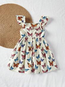 Cozy Pixies Sukienka dla dziewczynek z kwadratowym kołnierzykiem i wzorem motyli, falbaną w talii, uniwersalna i swobodna