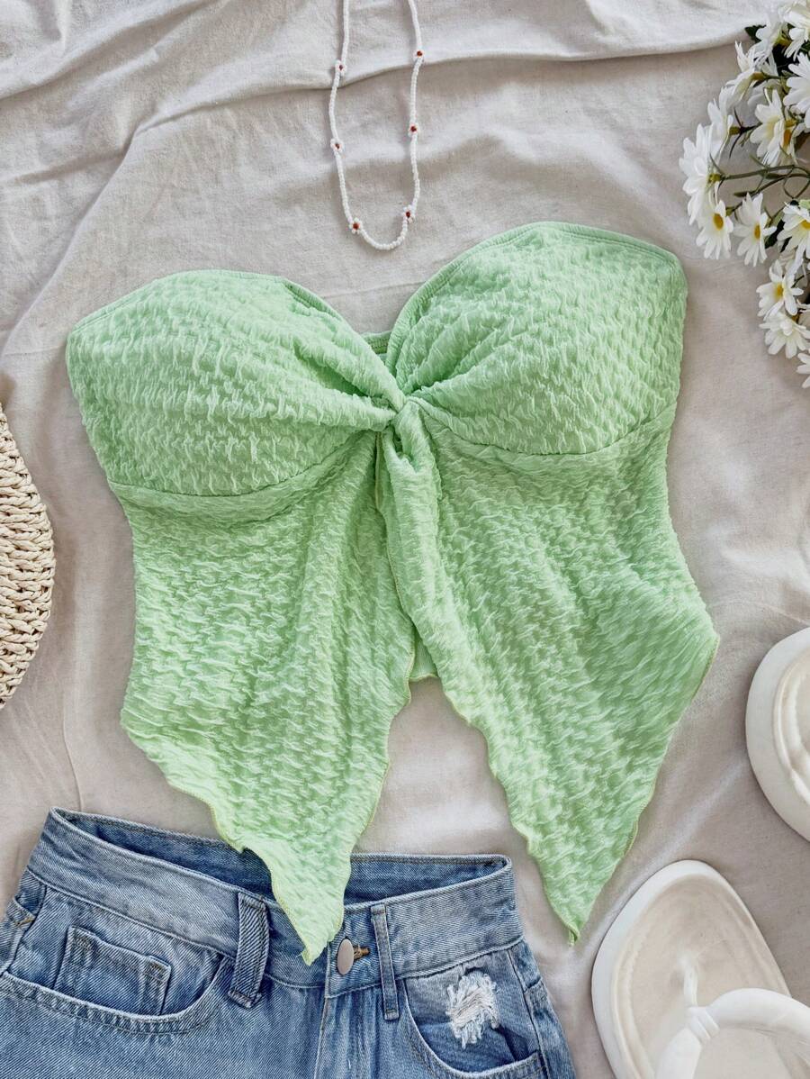 Soleia Top cómodo de tela texturizada con abertura frontal y sin tirantes, ideal para tomar el té por la tarde, usar en interiores/exteriores, vacaciones y vuelta al cole, con estilo romántico y casual - Verde - Ver 1