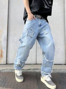 Manfinity EMRG Men's Casual Straight Leg Jeans With Pocket Star Frayed Detail - Light Wash - View 6