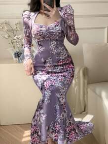 DAZY Rochie de damă cu mânecă lungă, guler cu inimă, cu imprimeu floral, lungime mijlocie, vară elegantă
