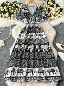 Breezaya Plus Size Women Bohemian Elephant Print Side Slit Dress With Drawstring Waist - Multicolor - View 1