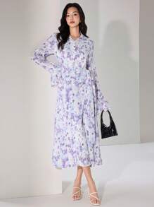 Modelyn Women's Floral Print Single Breasted Peplum Sleeve Tie-Waist Long Dress - Multicolor - View 5