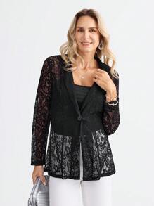 Miaspire Elegant Black Lace Women's Thin Blazer Jacket