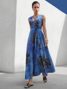 Aveloria Modichic 波西米亚风优雅度假优雅浪漫扎染花朵性感深 V 腰系带无袖连衣裙