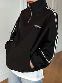 Dazy-Less Letter Embroidery Detail Contrast Piping Raglan Sleeve Half Zip Sweatshirt - Black - View 4