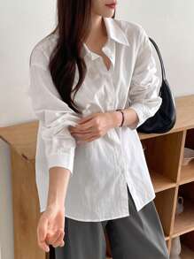 Dazy-Less Women Casual Business Solid Color Loose Long Sleeve Shirt,Long Sleeve Tops Old Money Style,Fall Clothes