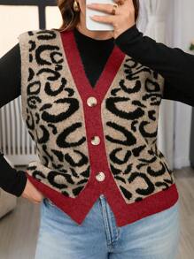 SHEIN Frenchy Plus Size Casual Leopard Print Knitted Sleeveless Open Front Cardigan - Multicolor - View 2