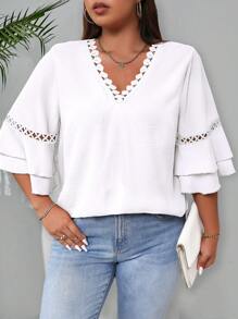 EMERY ROSE Plus Size Women's Solid Color V-Neck Long Sleeve Blouse, Minimalist & Stylish - White - View 4