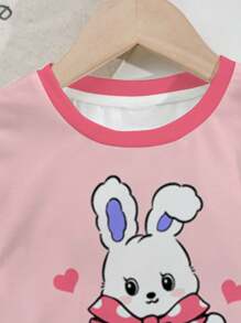 SHEIN 可爱兔子卡通印花女婴休闲简约圆领短袖 T 恤和紧身裤 2 件套，适合春夏季 - 彩色 - 查看 4