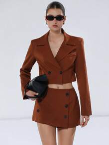 SHEIN Privé Women's Rust Brown Chic Office Summer 2 Pieces Set Double-Breasted Long Sleeve Blazer Jacket Coat & Decorated Button A-Line Mini Skirt College Style - Brown - View 6