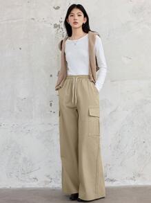 DAZY Loose Cargo Style Casual Straight Leg Women Pants With Big Pockets - Khaki - View 2