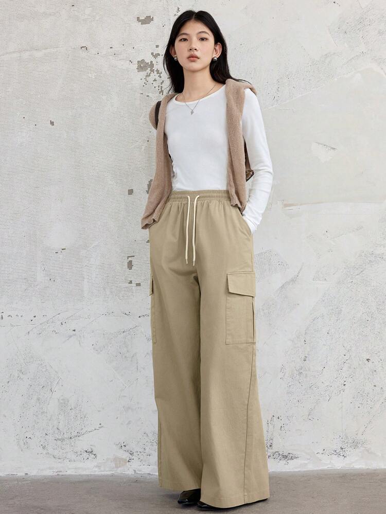 Loose Cargo Style Casual Straight Leg Women Pants With Big Pockets