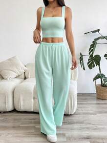 SHEIN EZwear 纯色短款吊带背心和阔腿裤两件套 - 薄荷綠 - 查看 4