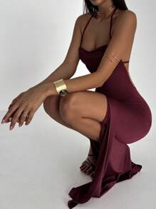 Aloruh Women's Solid Color Ruched Side Slit Backless Dress Summer Summer Outfits Summer Clothes Beach Outfits For Woman  Beach Vacation Vacation Outfits Woman Boho  Tropical Vacation Woman Clothe